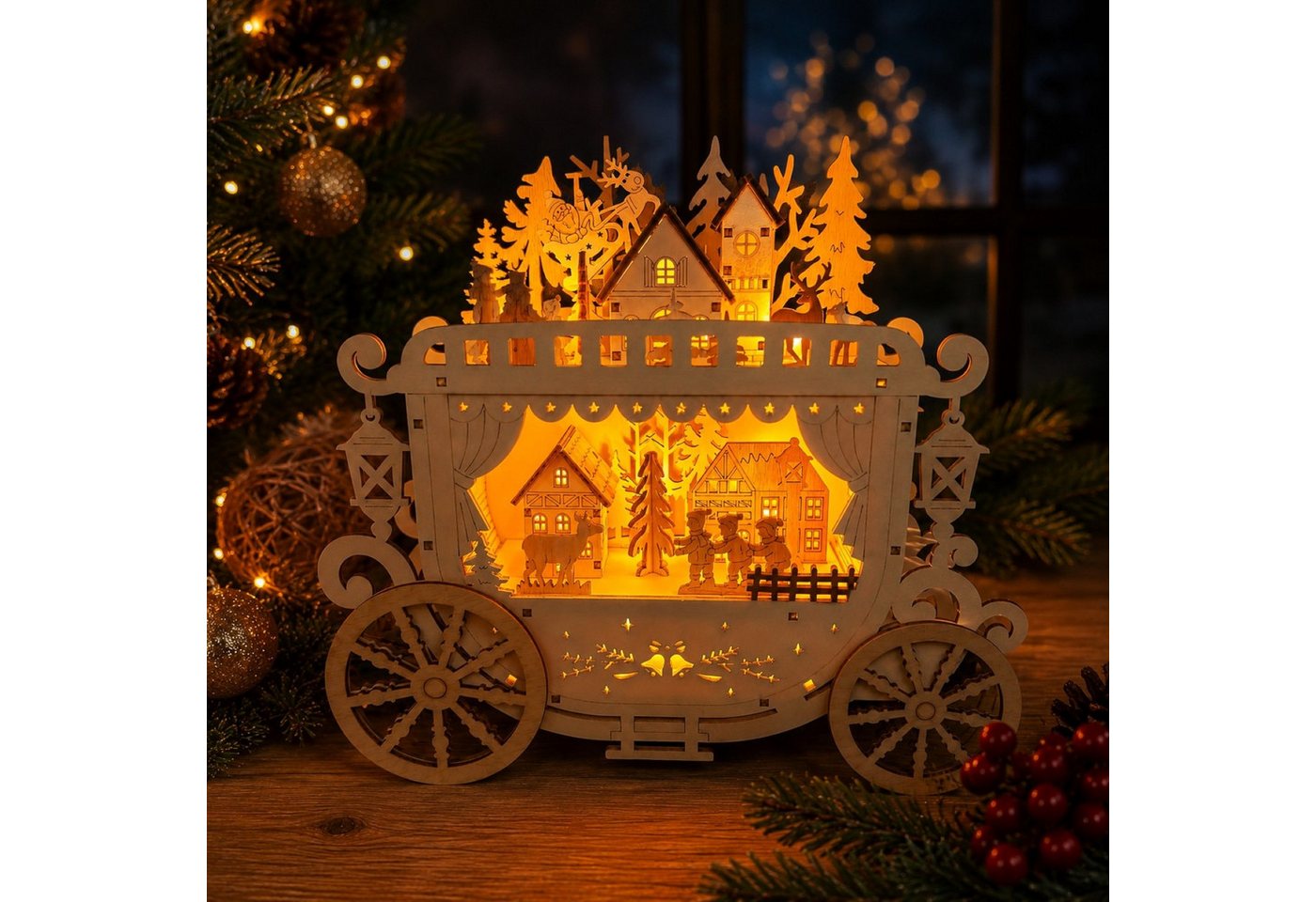 Online-Fuchs LED Dekoobjekt Kutsche aus Holz mit Winterlandschaft & Beleuchtung - Weihnachtsdeko, 8 integrierte LEDs, warmweiße Beleuchtung, inklusive 6-Stunden Timerfunktion Bild 3