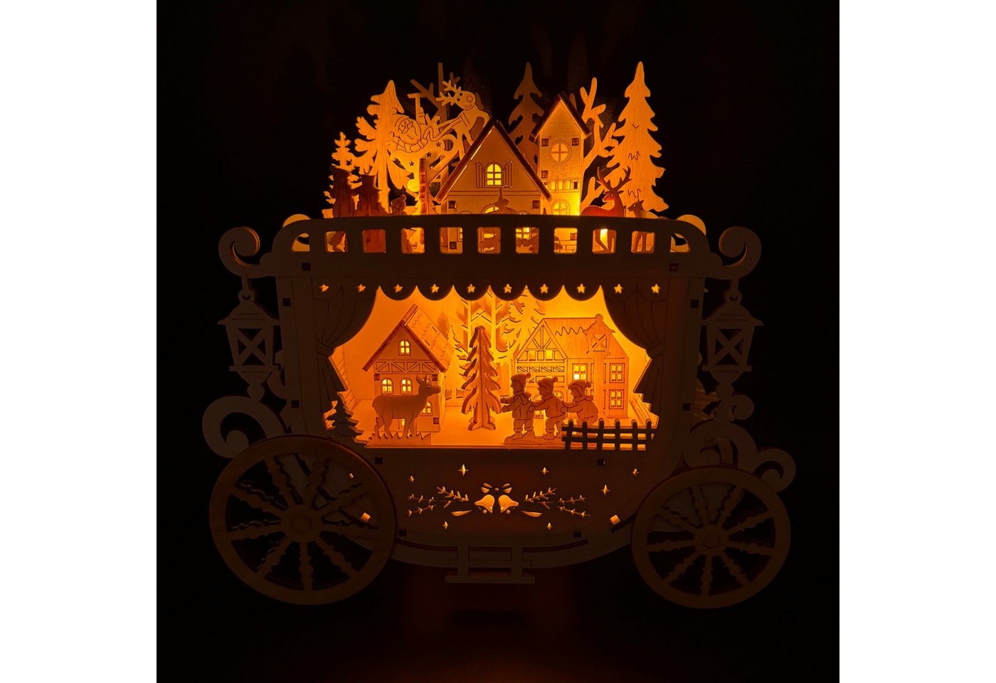 Online-Fuchs LED Dekoobjekt Kutsche aus Holz mit Winterlandschaft & Beleuchtung - Weihnachtsdeko, 8 integrierte LEDs, warmweiße Beleuchtung, inklusive 6-Stunden Timerfunktion Bild 5