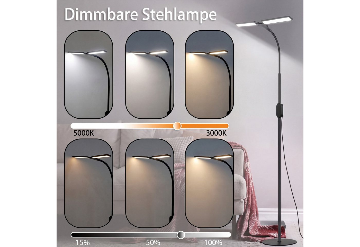ZMH LED Stehlampe Wohnzimmer dimmbar Leselampe Modern Metall Stehleuchte Schlafzimmer, dimmbar, LED fest integriert, Warmweiß-Neutralweiß-Kaltweiß, Timer,Memory-Funktion,für Arbeitszimmer, Büro, Esszimmer,9W