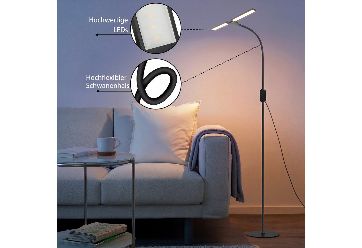 ZMH LED Stehlampe Wohnzimmer dimmbar Leselampe Modern Metall Stehleuchte Schlafzimmer, dimmbar, LED fest integriert, Warmweiß-Neutralweiß-Kaltweiß, Timer,Memory-Funktion,für Arbeitszimmer, Büro, Esszimmer,9W Bild 2