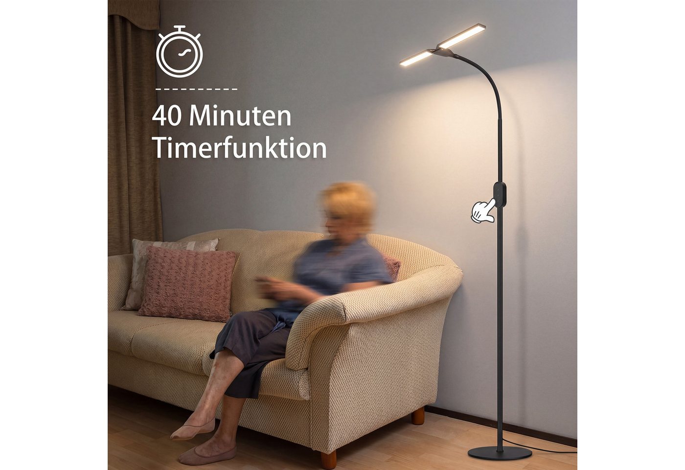 ZMH LED Stehlampe Wohnzimmer dimmbar Leselampe Modern Metall Stehleuchte Schlafzimmer, dimmbar, LED fest integriert, Warmweiß-Neutralweiß-Kaltweiß, Timer,Memory-Funktion,für Arbeitszimmer, Büro, Esszimmer,9W Bild 5