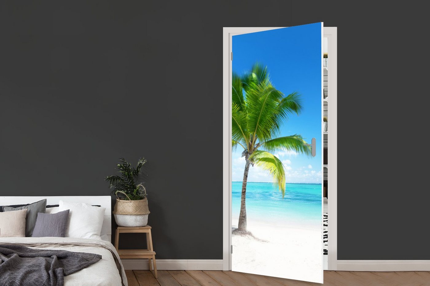 MuchoWow Türtapete Palme - Strand - Meer - Sommer, Matt, bedruckt, (1 St), Selbstklebende Tapete, Folie für Möbel, 75x205 cm