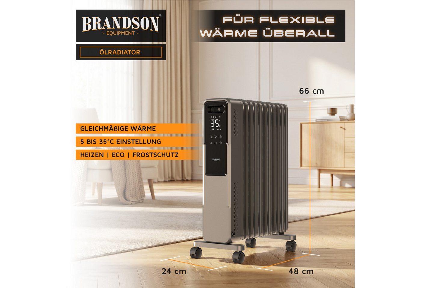 Brandson Ölradiator 11 Rippen M-Form, Thermostat 5-35 °C, 24h-Timer, Fernbedienung, Rollen, 2720 W, ECO-Modus, Fenster-offen-Erkennung, Frostschutz, Kindersicherung Bild 2