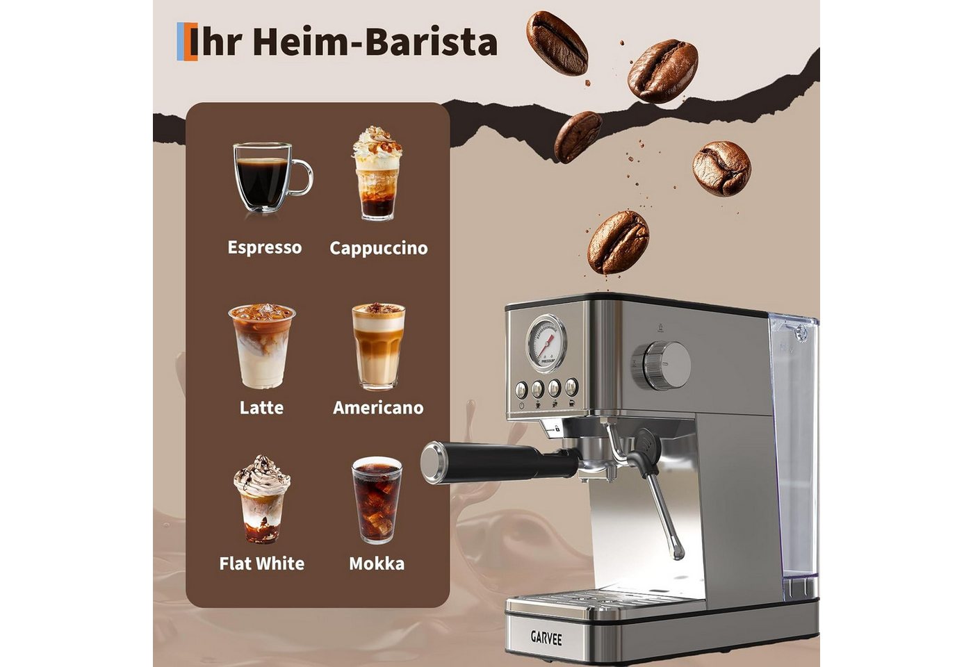GarveeMore Siebträgermaschine EM621, 1.7l Kaffeekanne, Espressomaschine Mit Thermoblock-Schnellheizsystem & Milchschäumer