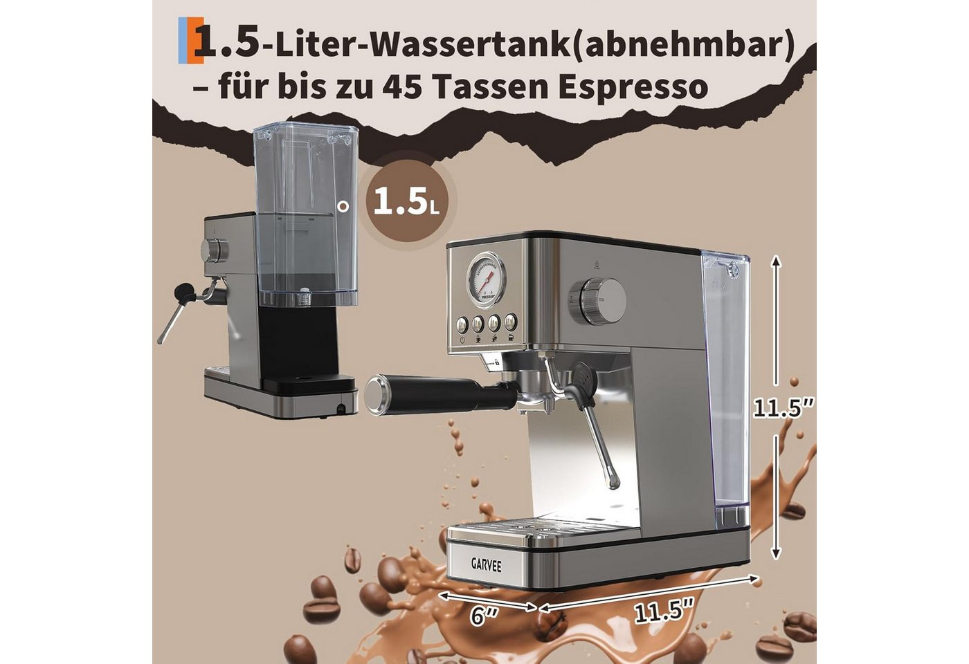 GarveeMore Siebträgermaschine EM621, 1.7l Kaffeekanne, Espressomaschine Mit Thermoblock-Schnellheizsystem & Milchschäumer Bild 3