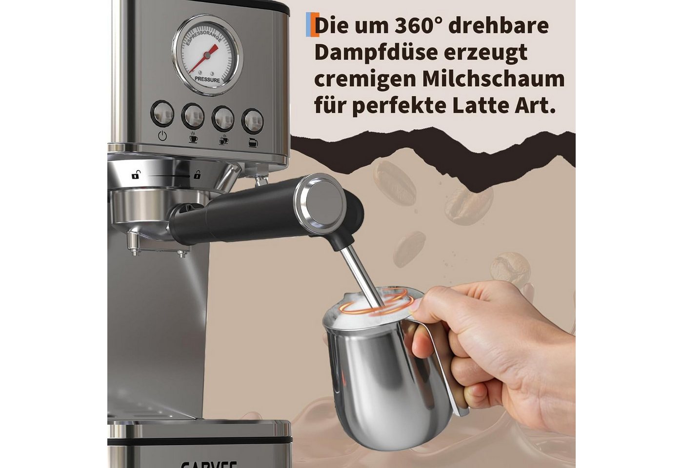 GarveeMore Siebträgermaschine EM621, 1.7l Kaffeekanne, Espressomaschine Mit Thermoblock-Schnellheizsystem & Milchschäumer Bild 4