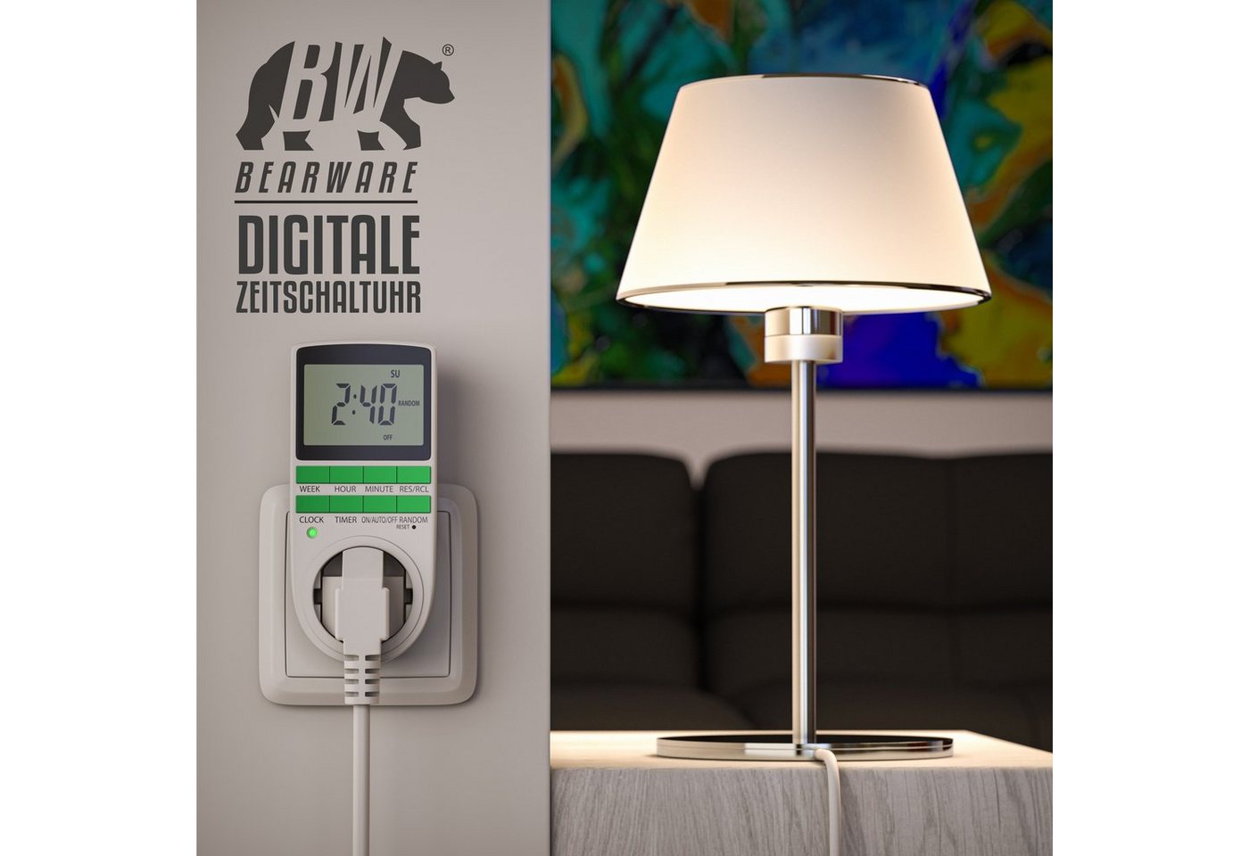 BEARWARE Zeitschaltuhr programmierbar, LCD Display, Steckdosen Timer, max. 3680W, digital, 1-St., 10 Programme, Back-Up Batterie, Zufallsschaltung, Berührungsschutz