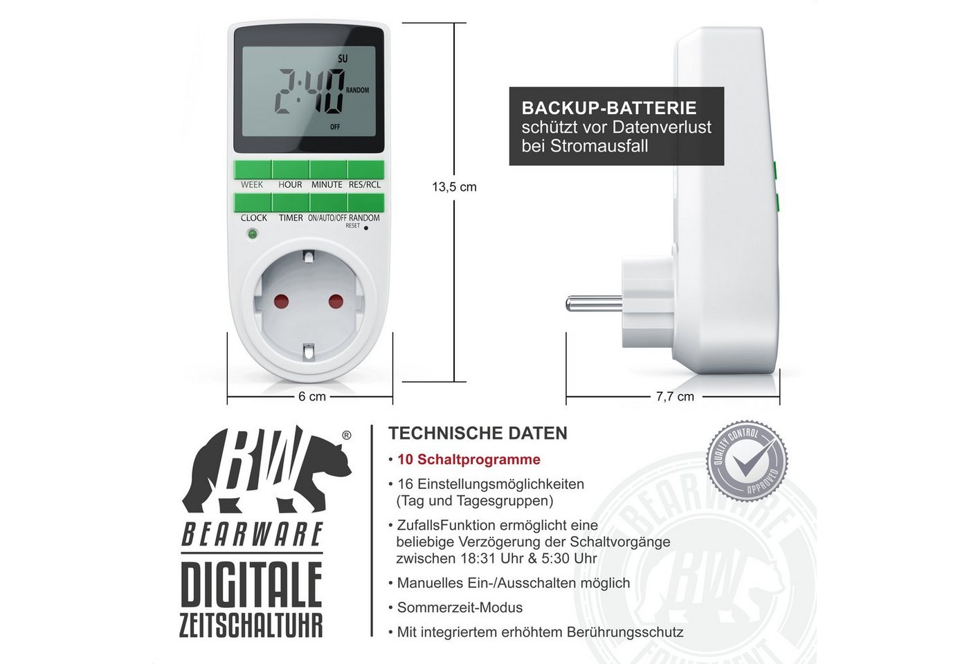 BEARWARE Zeitschaltuhr programmierbar, LCD Display, Steckdosen Timer, max. 3680W, digital, 1-St., 10 Programme, Back-Up Batterie, Zufallsschaltung, Berührungsschutz Bild 2