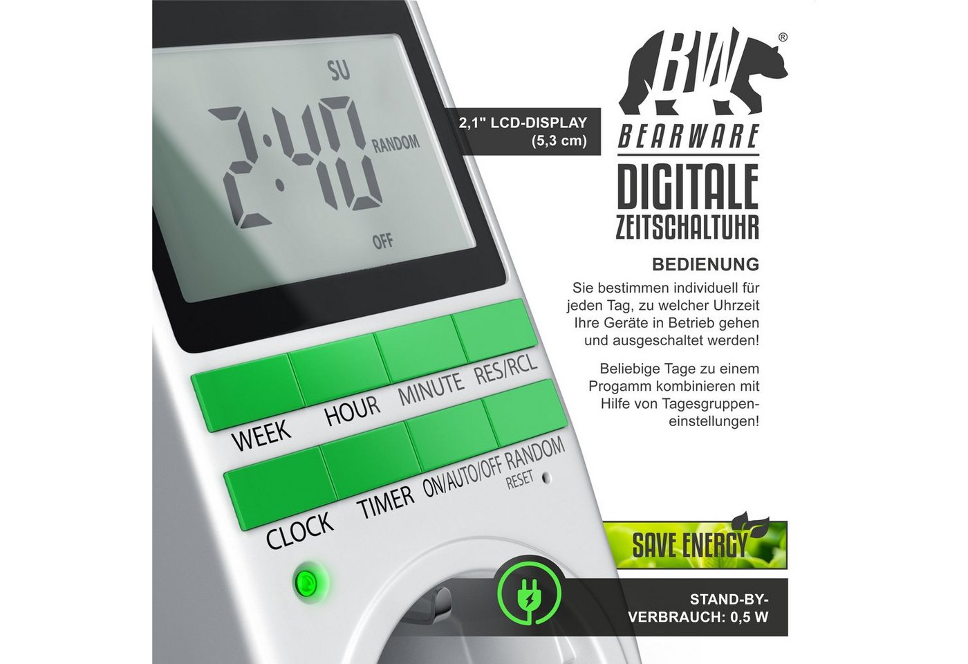 BEARWARE Zeitschaltuhr programmierbar, LCD Display, Steckdosen Timer, max. 3680W, digital, 1-St., 10 Programme, Back-Up Batterie, Zufallsschaltung, Berührungsschutz Bild 4