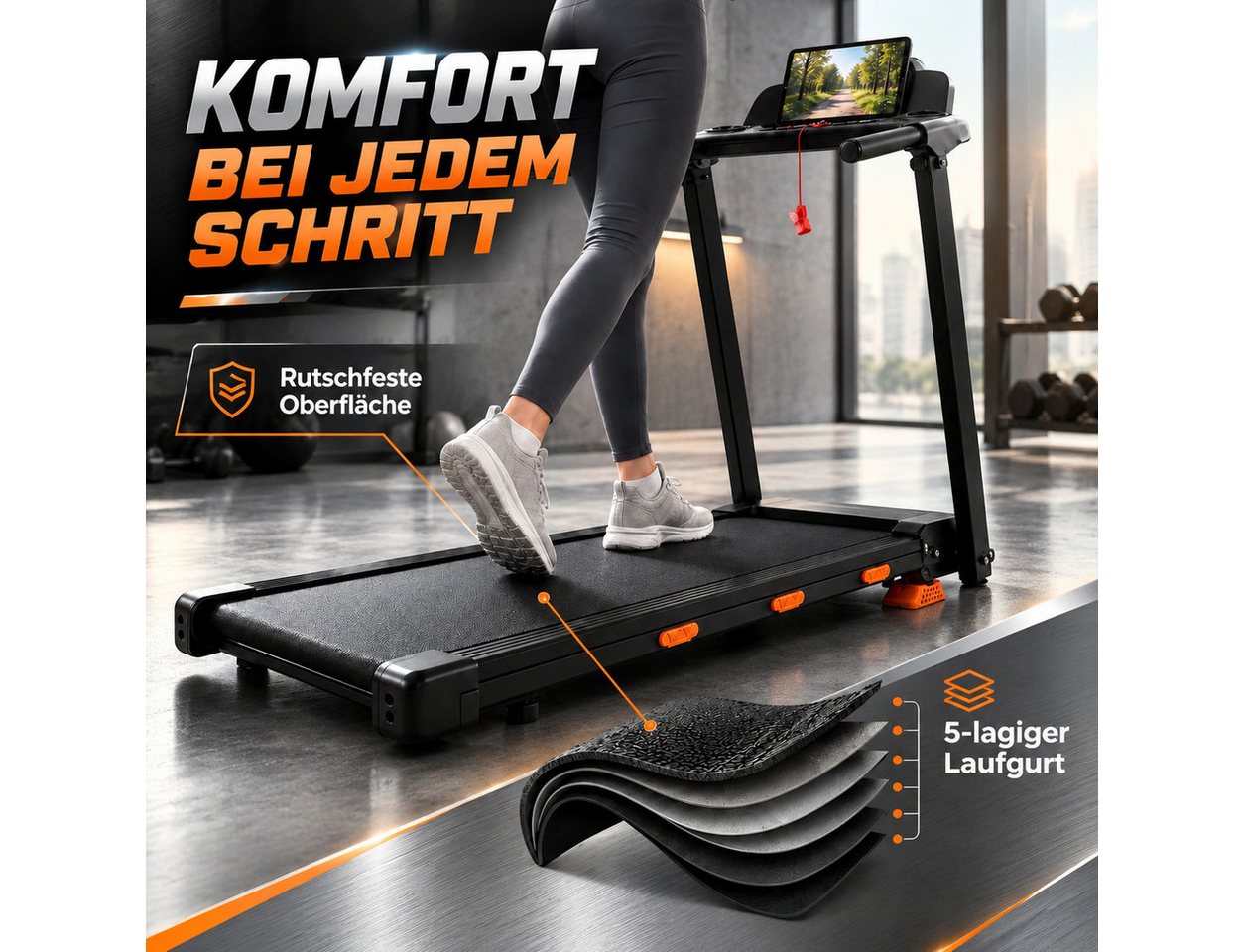 BAYMATE Laufband Faltbares laufband mit 3,0 PS bürstenlosem Motor (0‑15 % manuelle Steigung, 107×48 cm Lauffläche, stoßdämpfend, bis 159 kg Belastung, LCD‑Display) Bild 2