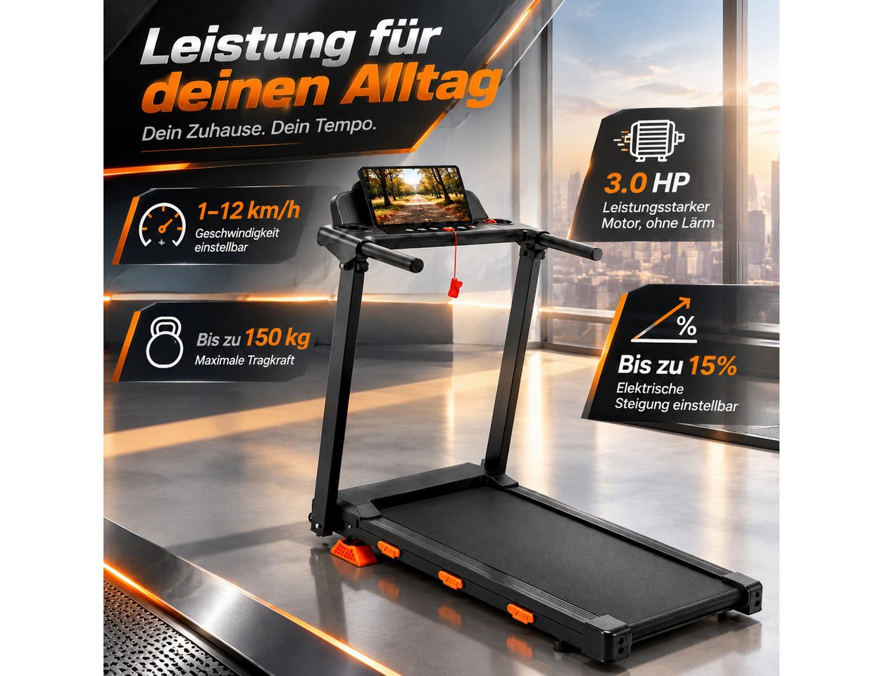BAYMATE Laufband Faltbares laufband mit 3,0 PS bürstenlosem Motor (0‑15 % manuelle Steigung, 107×48 cm Lauffläche, stoßdämpfend, bis 159 kg Belastung, LCD‑Display) Bild 4