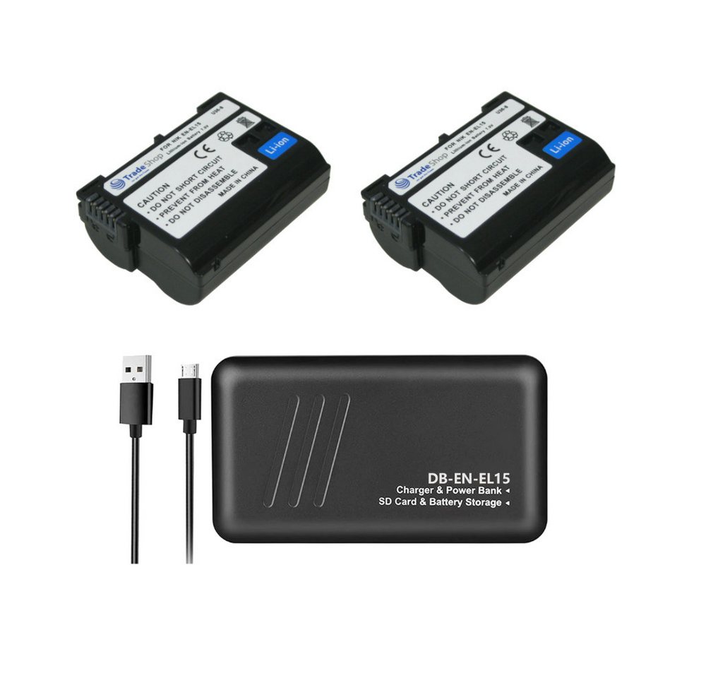 Trade-Shop Dual Ladegerät Powerbank für Nikon D7500, D8000, D500, D600 mit 2x Kamera-Akku Li-Ion, Anschluss über Micro-USB, USB-C oder USB-A / mit Speicherkarten-Slot