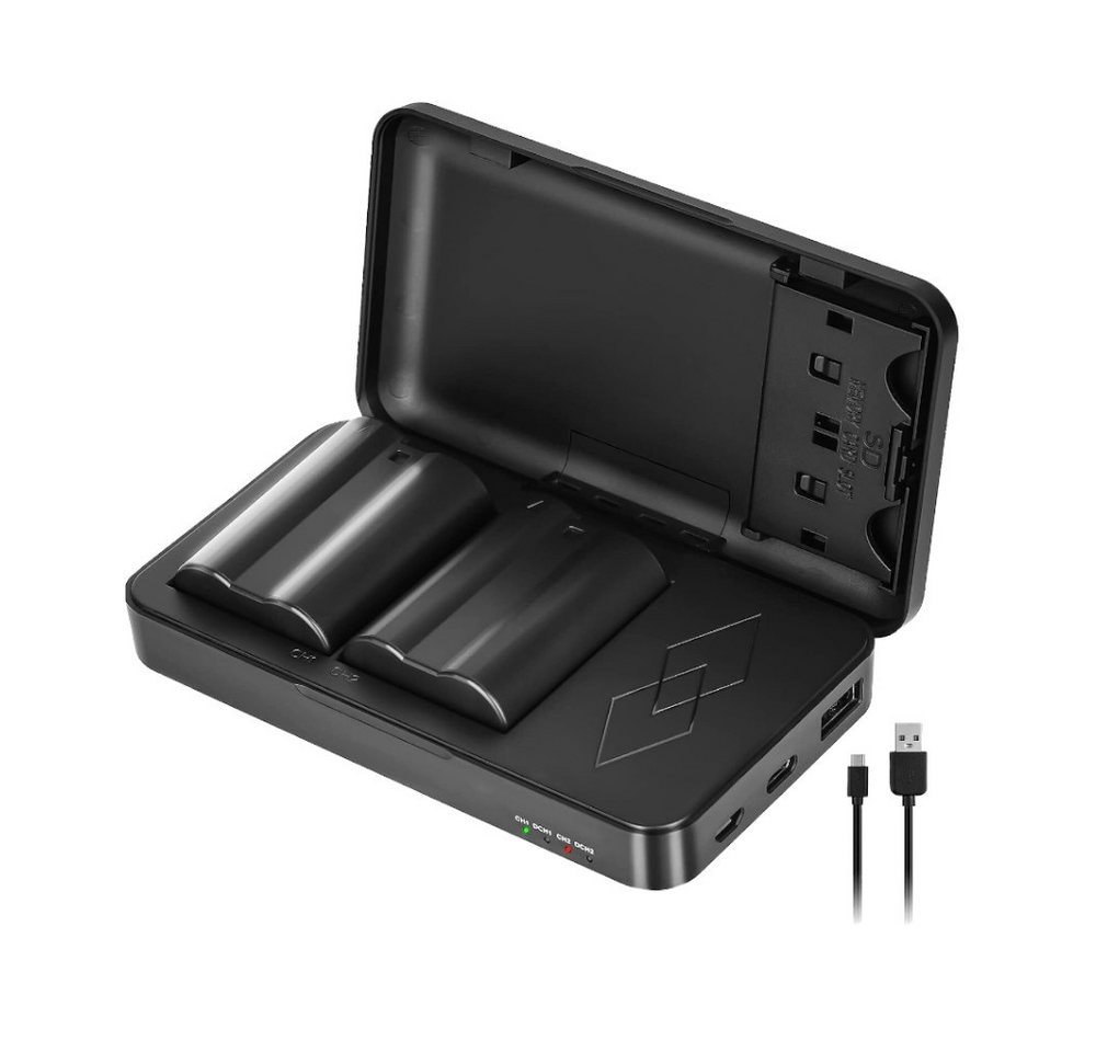 Trade-Shop Dual Ladegerät Powerbank für Nikon D7500, D8000, D500, D600 mit 2x Kamera-Akku Li-Ion, Anschluss über Micro-USB, USB-C oder USB-A / mit Speicherkarten-Slot Bild 2