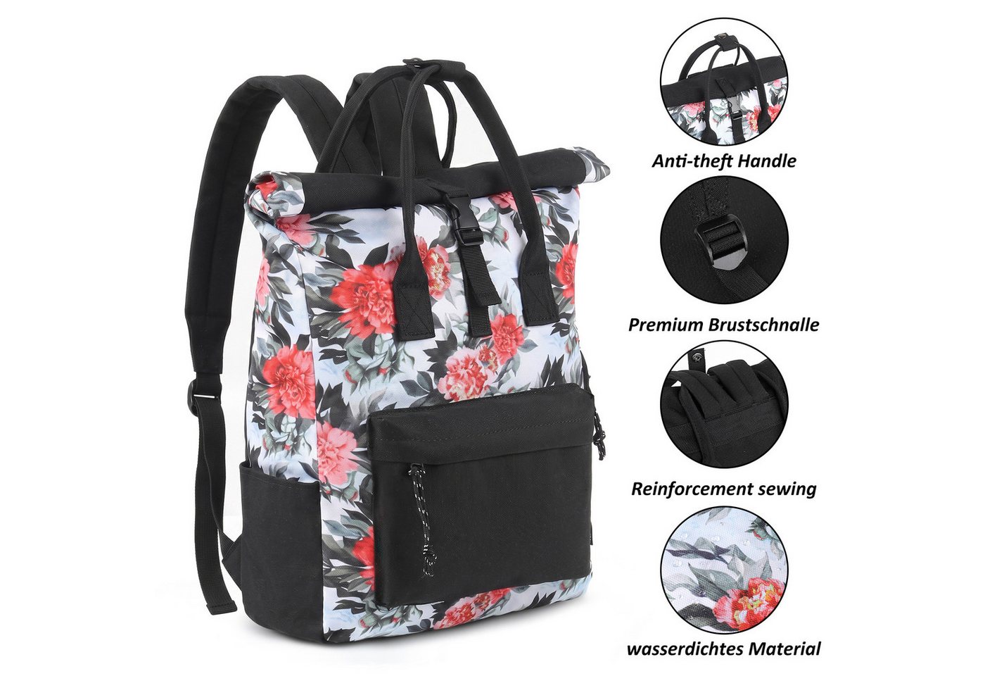 TANTOMI Cityrucksack Rucksack Damen Herren Tagesrucksack mit Laptopfach, Modern Rolltop Rucksack Daypack, Wasserabweisend