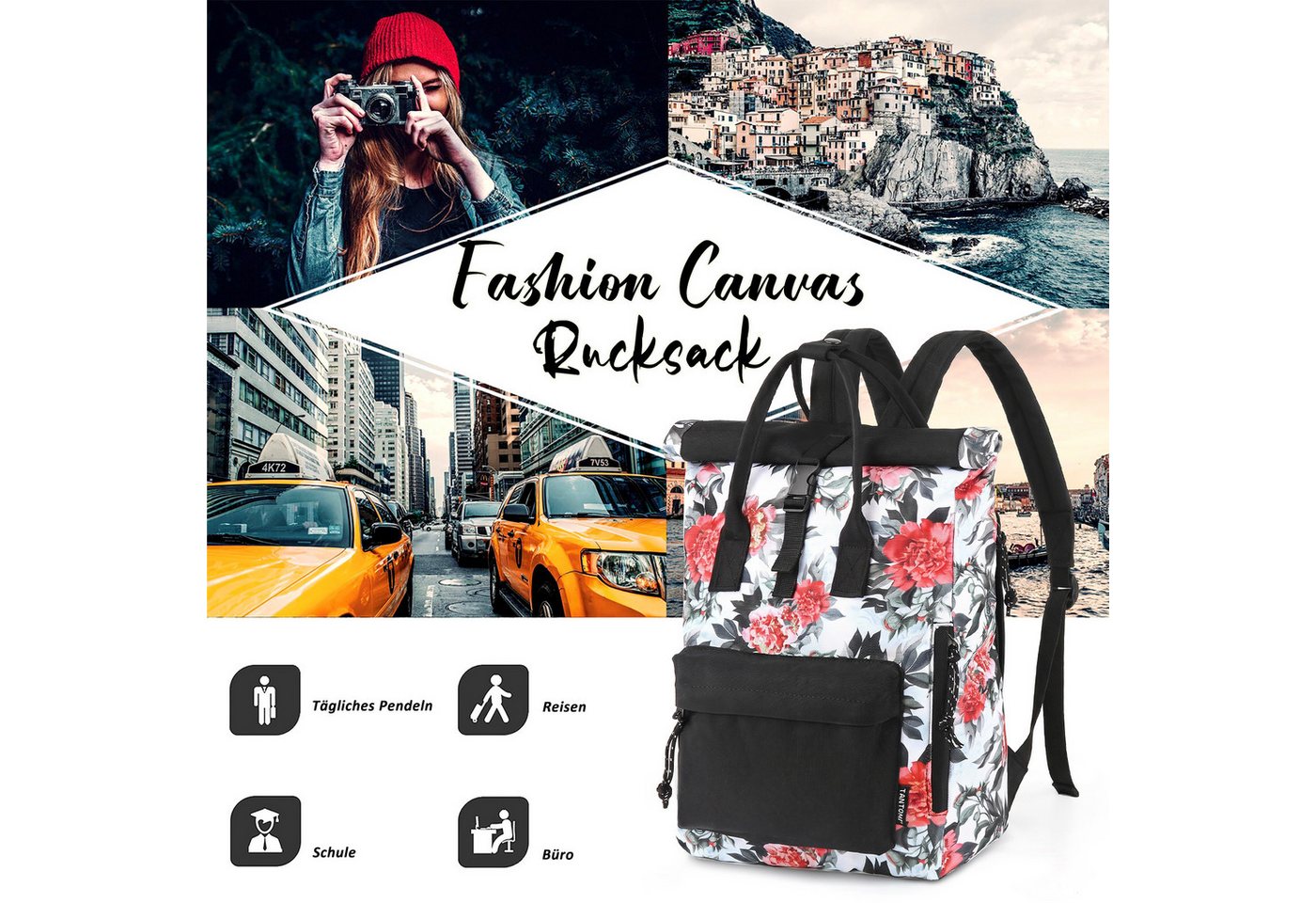 TANTOMI Cityrucksack Rucksack Damen Herren Tagesrucksack mit Laptopfach, Modern Rolltop Rucksack Daypack, Wasserabweisend Bild 3