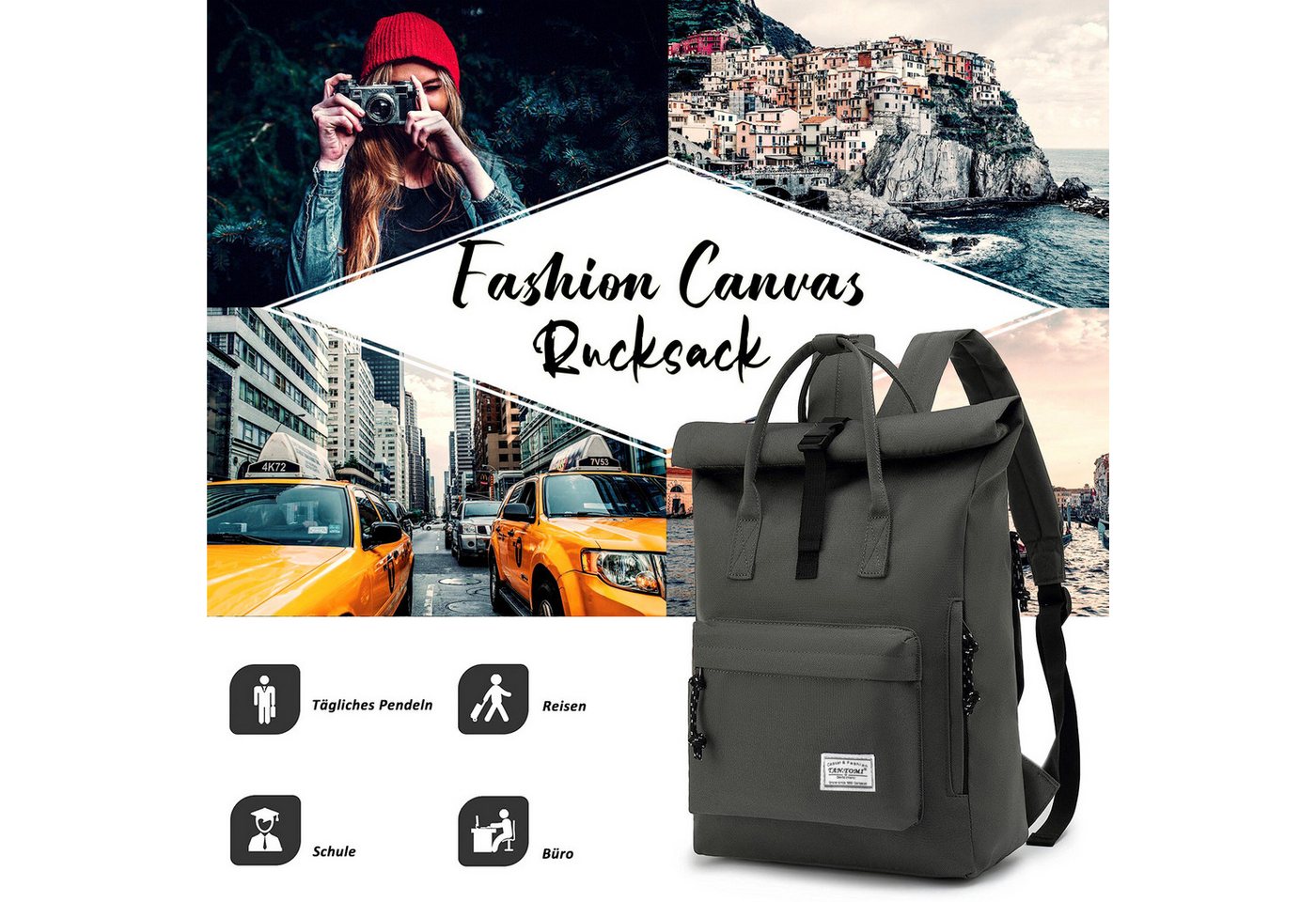 TANTOMI Freizeitrucksack Schulrucksack für Damen Herren, Laptop Rucksack 15,6 Zoll mit Rolltop, Cityrucksack Daypack Laptopfach und Weit Öffenbar Bild 3