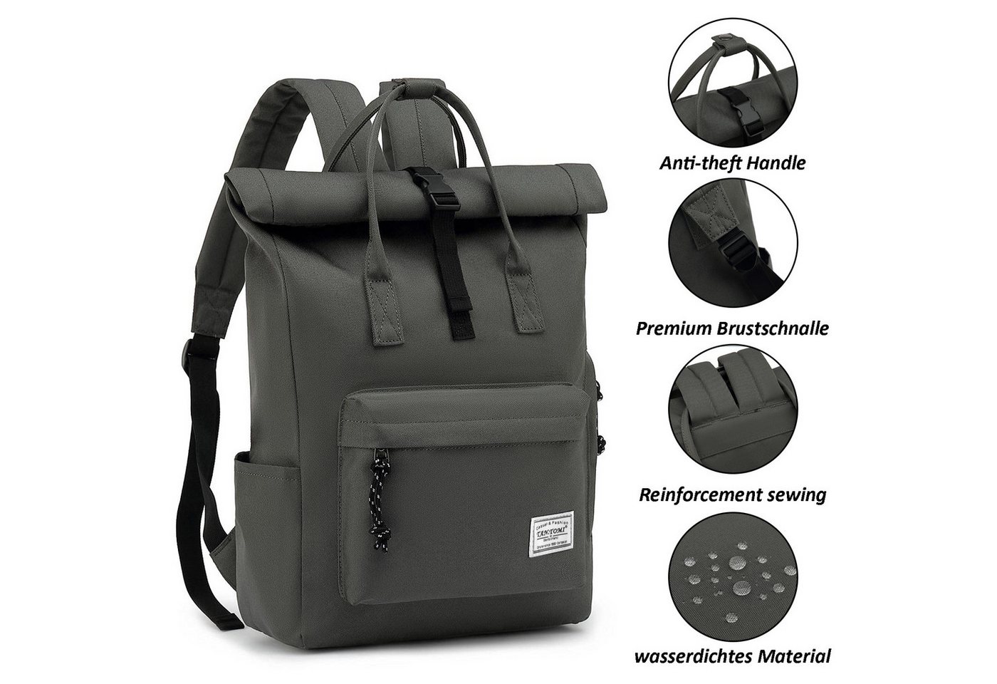 TANTOMI Freizeitrucksack Schulrucksack für Damen Herren, Laptop Rucksack 15,6 Zoll mit Rolltop, Cityrucksack Daypack Laptopfach und Weit Öffenbar Bild 4