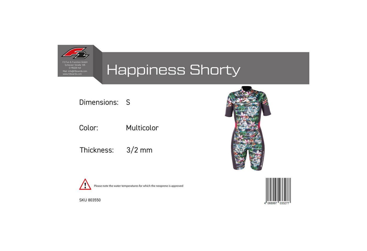 F2 Neoprenanzug F2 Damen Neopren Anzug Happiness Shorty 3/2 mm S Multicolor