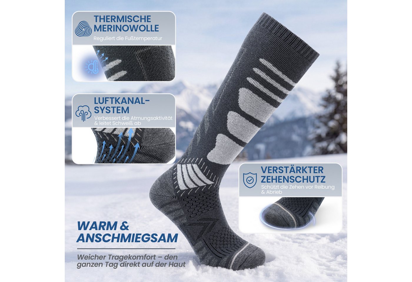 TANSTC Skisocken Merino Socken Herren Damen Thermosocken Wintersocken Kniestrümpfe Wärmend,elastisch,atmungsaktiv,temperaturregulierend,strapazierfähig Bild 2