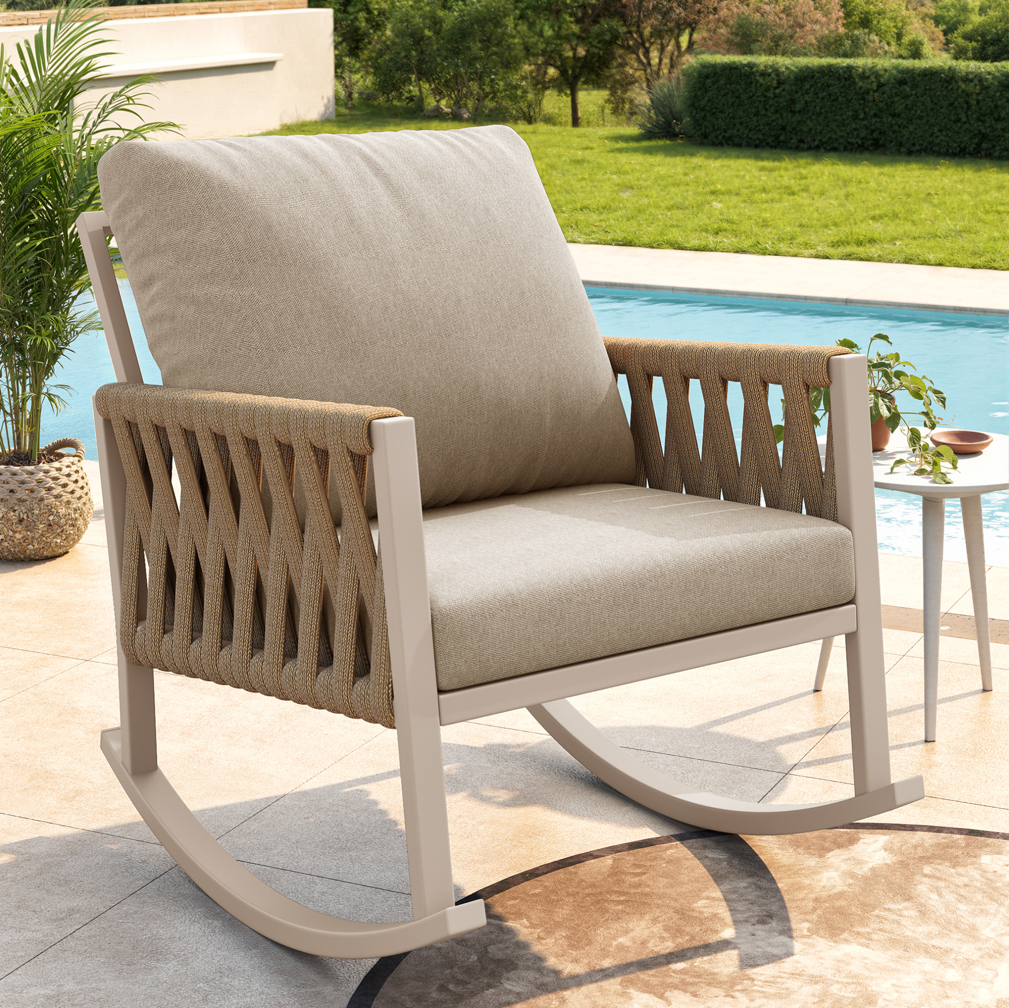 Outdoor-schaukelstuhl Aus Eisen Und Seil, Beige, 65 X 79 X 78 Cm, Mit Kissen, Wetterfest, Bis 120 Kg