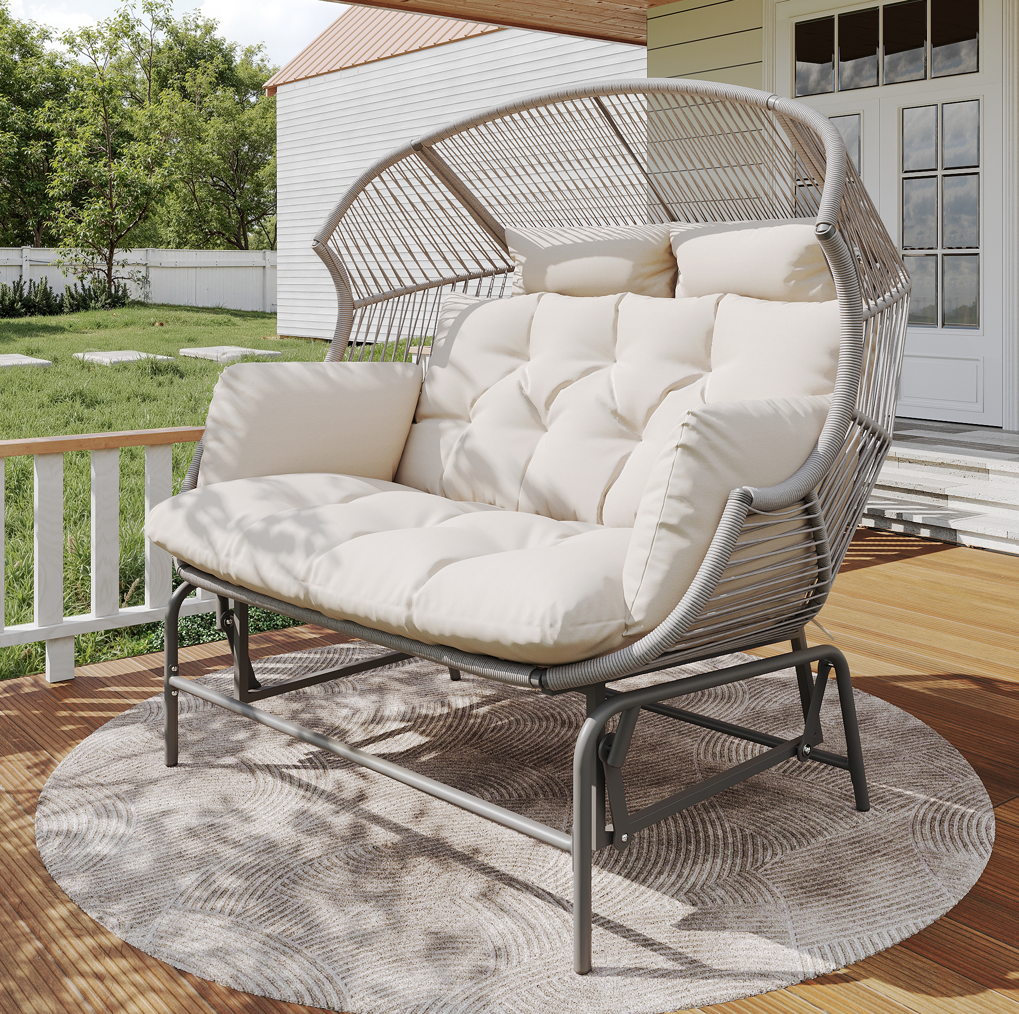 Garten-schaukelstuhl Für 2 Personen Aus Pe-rattan Und Metall, Grau, 145x85x143 Cm, Mit Kissen Und Sanfter Wippfunktion