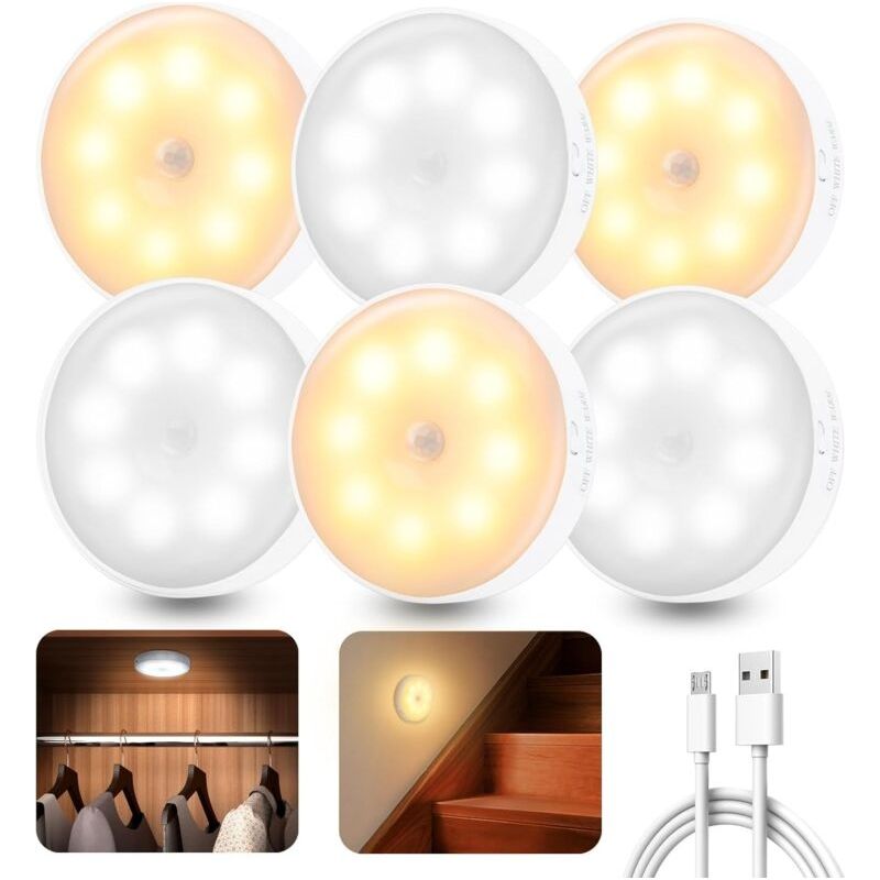 6 Pièces Lampe Détecteur De Mouvement Interieur, Veilleuse Led Rechargeable Lumiere 3 Modes, Lampe Led Sans Fil Éclairage Pour D'Escalier, Couloir, Chambre À Coucher, Armoire, Cuisine