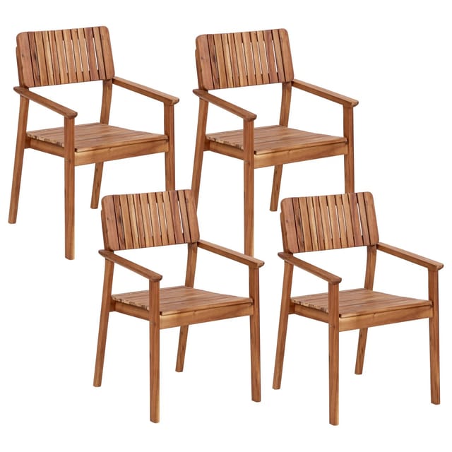 Gartenstuhl 4er Set Hellbraun Akazenholz Mit Armlehnen Hohe Rückenlehne Lattenoptik Stapelbar Runstikales Design Outdoor Terrasse Garten