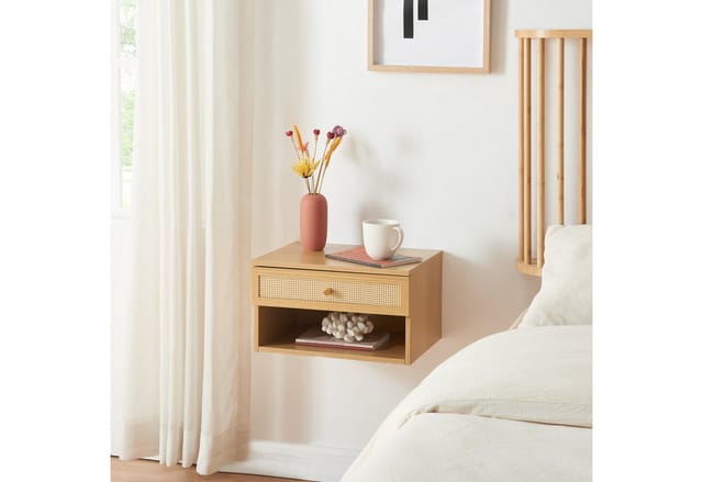 [en.casa] - Wandregal Eiker Mit Schublade 40x32x23 Cm Eiche/rattanoptik