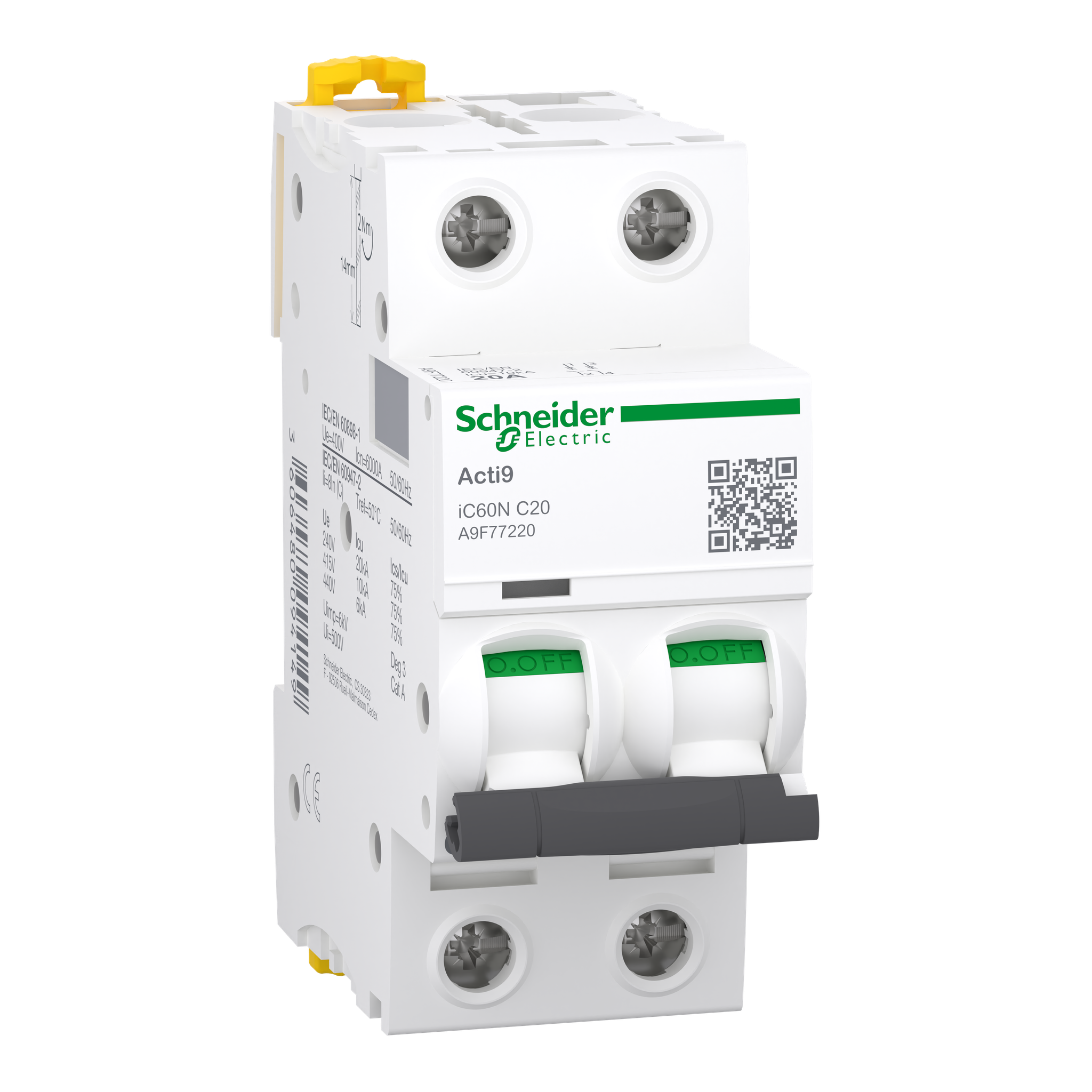 Acti9 Ic60n - Leitungsschutzschalter - 2-polig - 20 A - Charakteristik C - 400 V Ac - 6000 A/10 Ka - Schneider Electric - A9f77220