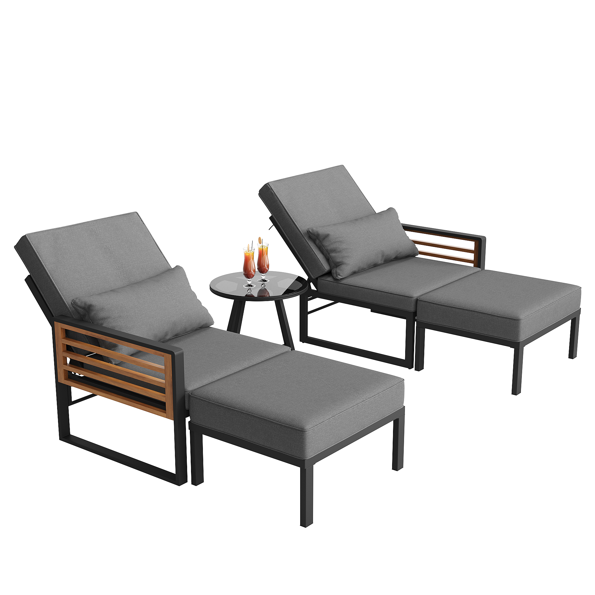 Gartenmöbel-set Mit 2 Sofamodulen, 2 Hockern Und 1 Glastisch, Verstellbare Rückenlehne, Für Balkon Und Terrasse, Metall Und Outdoor-gewebe, Grau