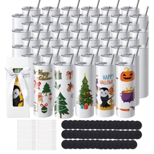 Mophorn - Vevor 50er-pack Gerade Sublimationsbecher, 591,5 Ml Blanko-becher, Edelstahl-doppelwandbecher Mit Strohhalm, Deckel, Bürste, Boden, Schrumpffolie, Geschenkbox, Für Wärmepresse & Wärmeübertragung