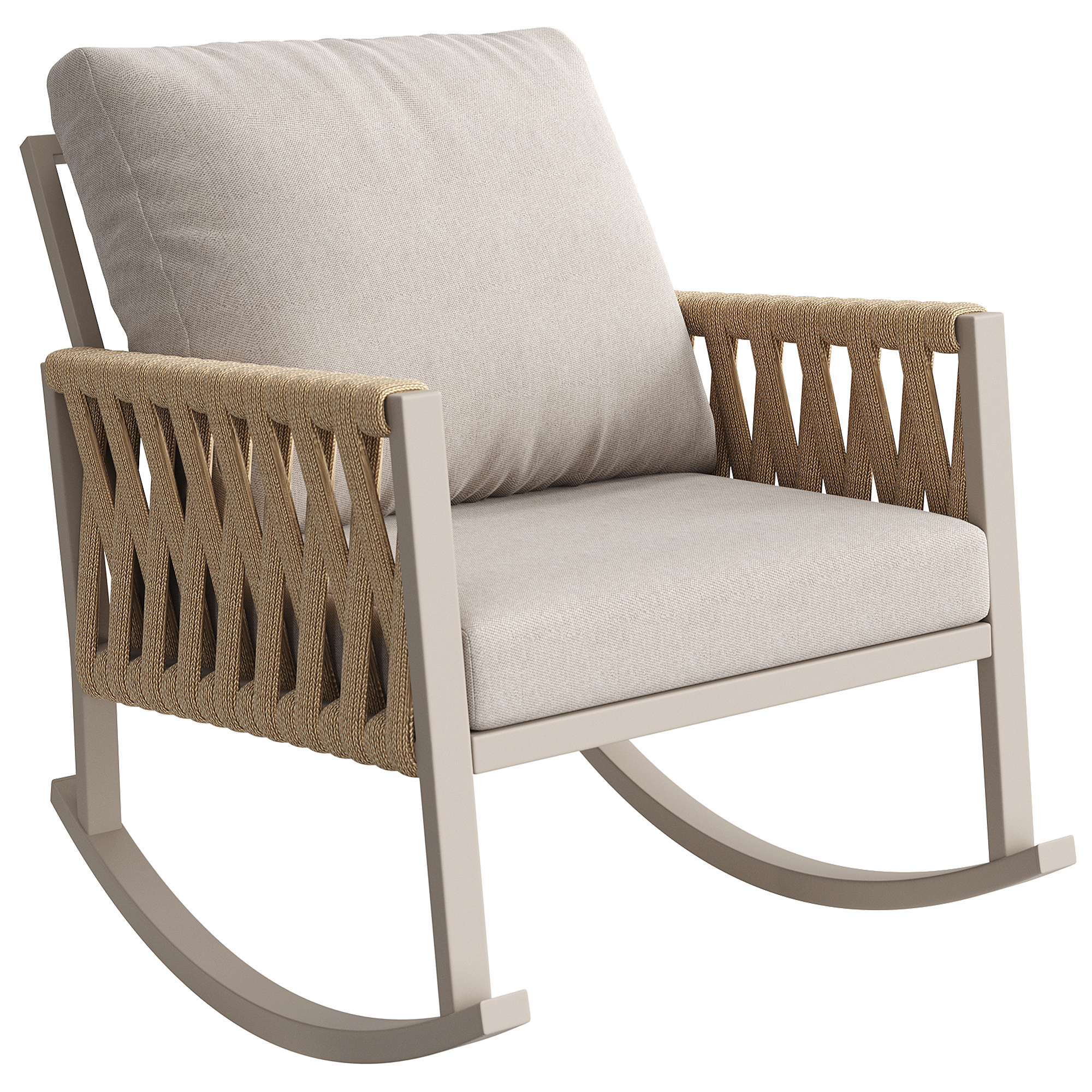 Garten-schaukelstuhl Schaukelstuhl Mit Kissen Und Armlehnen Aus Seilgeflecht, Gestell Aus Eisen Beige 65 × 79 × 78 Cm