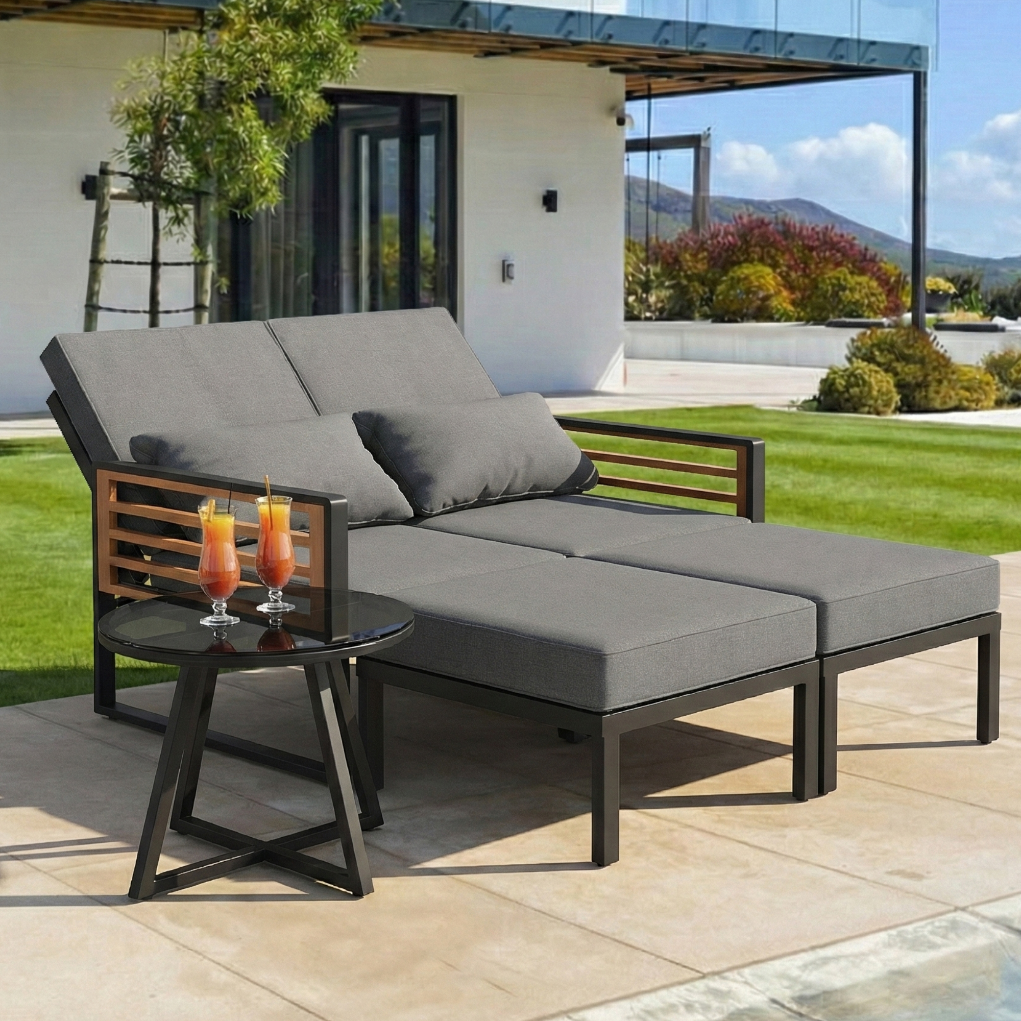 Outdoor-sofa Modular Für 2-4 Personen, Rückenlehne 3-fach Verstellbar, Liegefunktion Mit Tisch, Metall Und Wasserabweisender Stoff, Grau