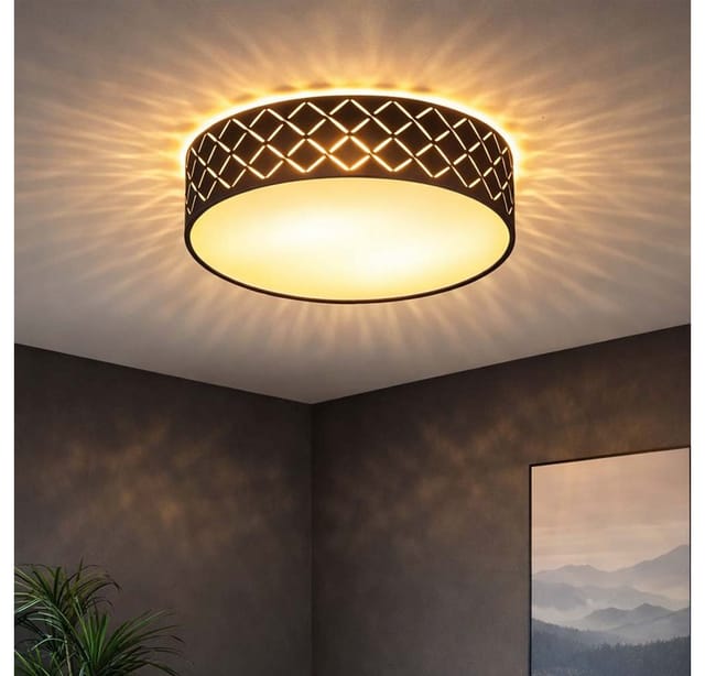 Deckenleuchte Textil Schwarz Deckenlampe Schwarz Gold Wohnzimmerleuchte Rund, Metall, Satiniert, 2x 7w 560lm Warmweiß, Dxh 38x10 Cm