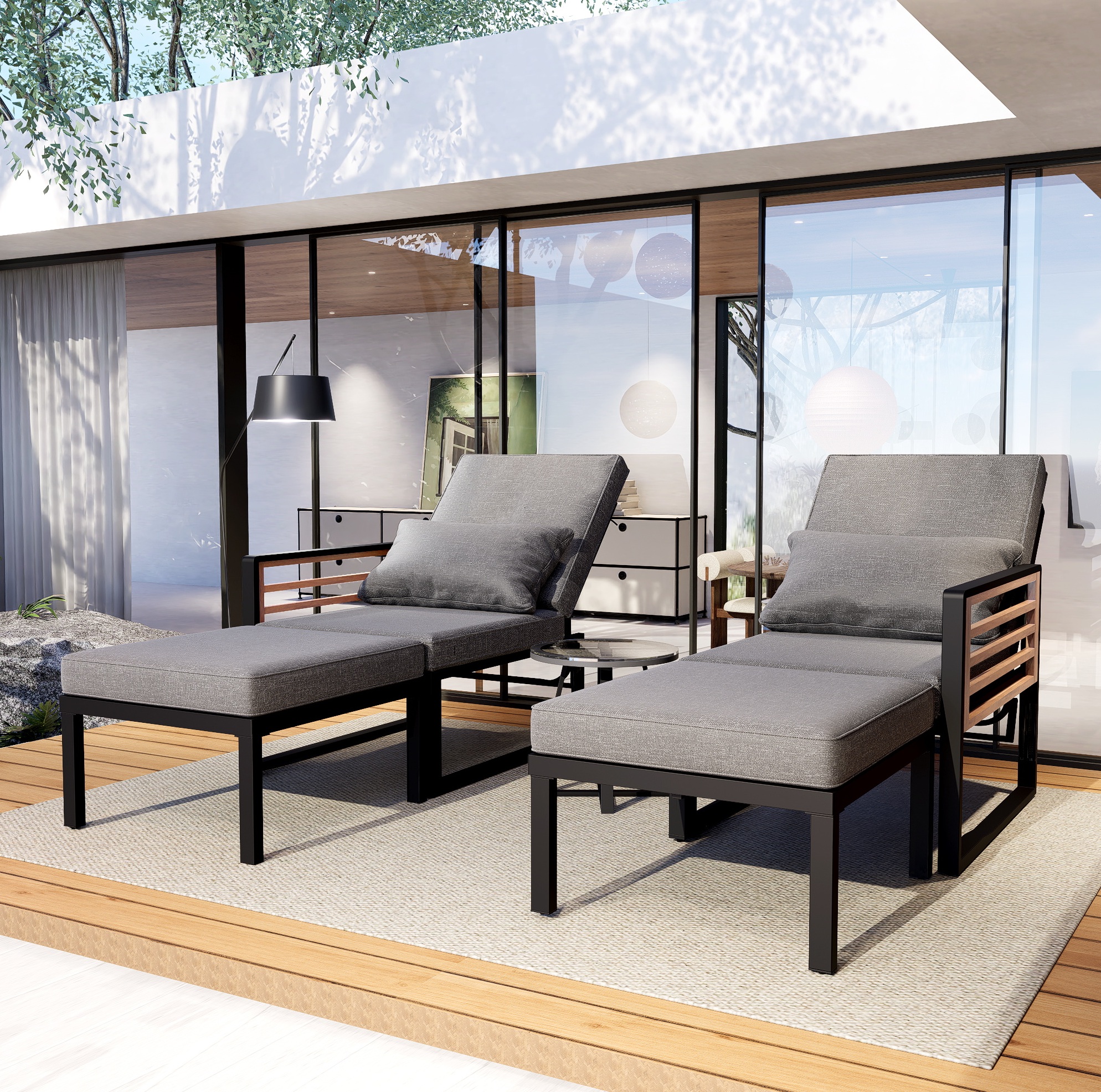 Modulares 5-teiliges Outdoor-lounge-set Aus Metall In Grau Mit Olifen-bezug, Akazienholz Und Glastisch, 2-in-1 Mit Liegefunktion