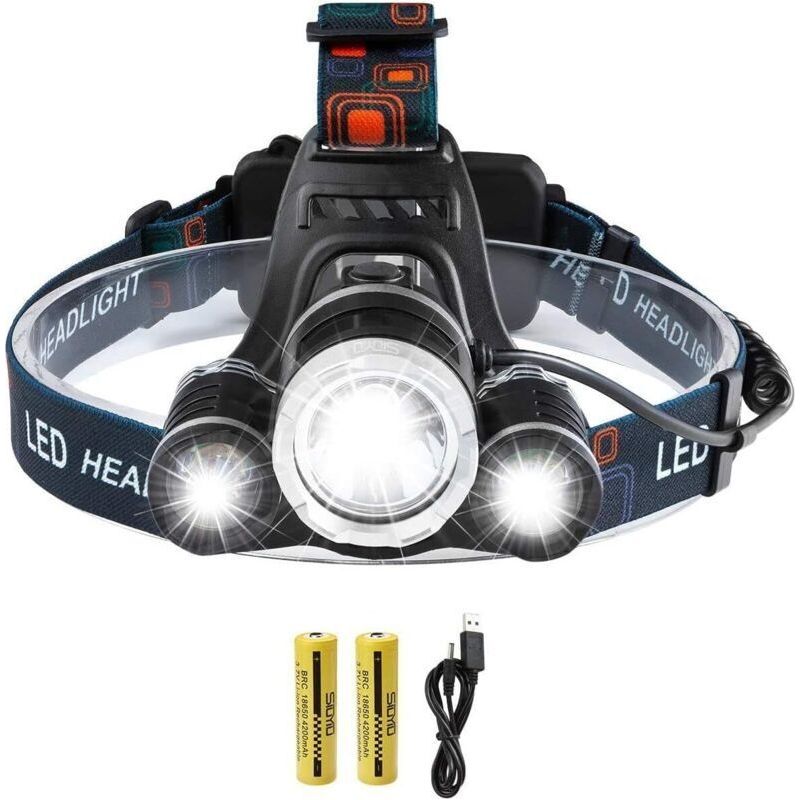 Lampe Torche Frontale Led Xml T6 5000lm - 3 Modes Étanche - 2 Piles 18650 Rechargeables 4200mah - Chargeur Et Chargeur Voiture Inclus