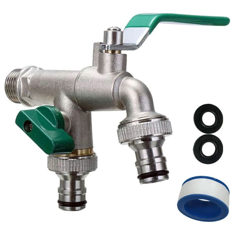 Robinet Double Sortie Avec Enrouleur De Tuyau - Raccords Bsp 1/2 Et 3/4 Pouce - Étanche Pour Usage Jardin Et Extérieur - Conception Robuste Et Pratique.