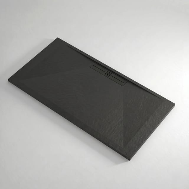 Mineralguss-duschwanne Extra Flach Edis Schieferoptik Schwarz 70x210 Cm Auslaufschutz In Farbe