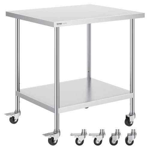 Arbeitstisch Aus Edelstahl, Küchentisch 762 X 914 X 954,6 Mm, Zubereitungstisch, Mit 4 Rädern, 3 Einstellbaren Höhenstufen, Arbeitstisch Zur Lebensmittelzubereitung Für Gewerbliche Restaurants