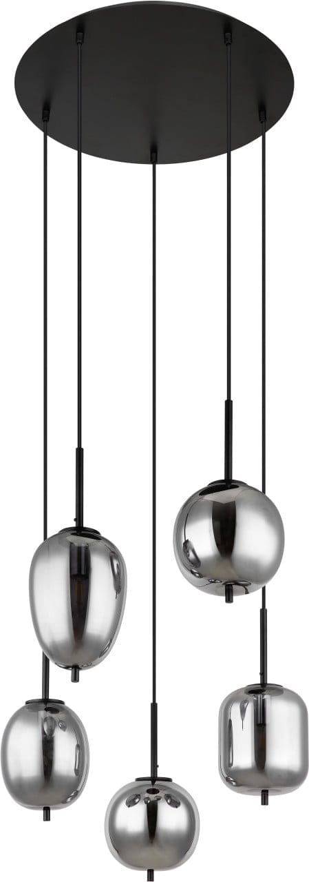 Pendellampe Esstischleuchte Rauchglas Hängelampe Wohnzimmerleuchte 5 Flammig, Metall Schwarz, 5x E14, Dxh 57,5x150 Cm
