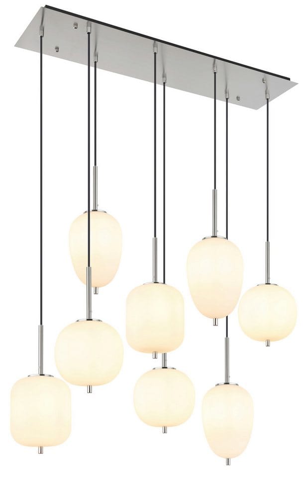 Hängelampe Esstischleuchte Pendellampe Wohnzimmerleuchte 8 Flammig, Metall Nickel Matt Glas Opal, 8x E14, Lxh 102,5 X 120 Cm