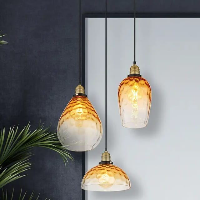 Hängeleuchte Wohnzimmer Pendellampe Designleuchte Esstischlampe 3-flammig Mit Glasschirm, Metall Amber Klar, 3x E27, Dxh 46x150 Cm