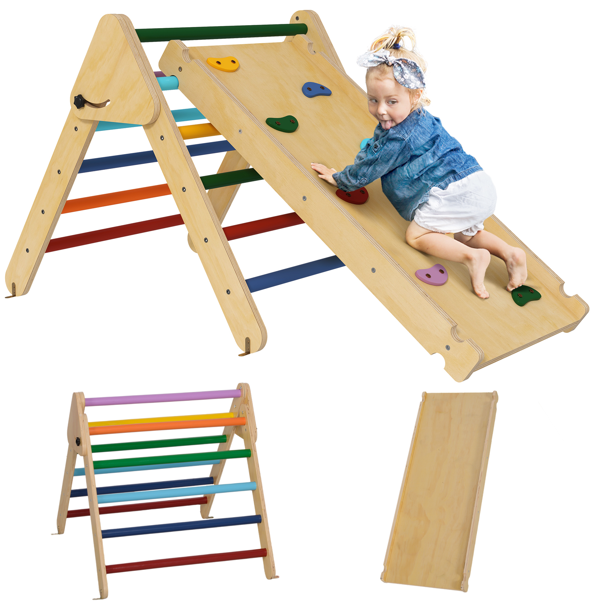 3-in-1 Kletterdreieck Für Kinder, Doppelseitige Rampe Zum Klettern Und Rutschen, Tragkraft 50 Kg, 147 X 64,5 X 63 Cm, Mehrfarbig