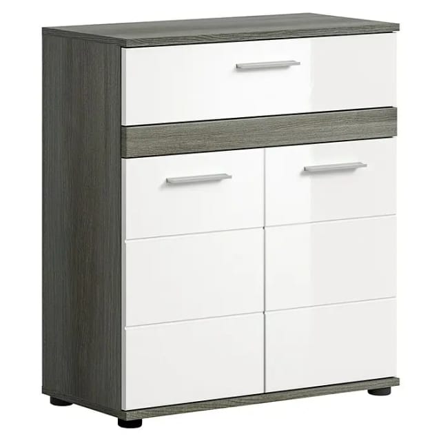 Blake Badschrank 1 Schublade 2 Türen Weiß Hochglanz, Grau.