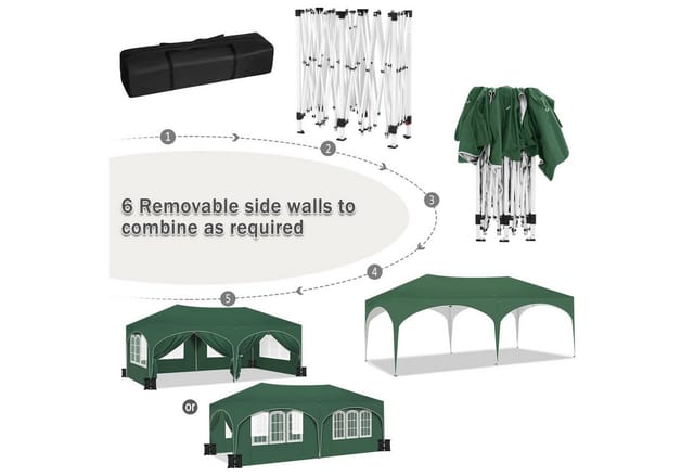Woltu Pavillon Mit 6 Seitenteilen Und 4 Sandsäcke, 3x6m Faltpavillon Gartenpavillon Mit Halbmonddach, Höhenverstellbar, Mit Tragetasche, Wasserfest Stabil Uv-schutz, Pop Up Partyzelt Outdoor, Grün