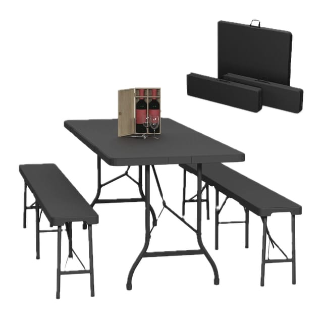 Relaxdays Bierzeltgarnitur Klappbar, 3-tlg. Bierbank Set Mit Großem Tisch, Für Garten, Festzeltgarnitur, 180 Cm, Schwarz