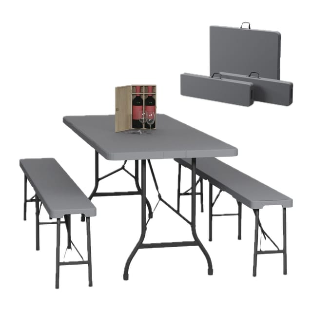 Relaxdays Bierzeltgarnitur Klappbar, 3-tlg. Bierbank Set Mit Großem Tisch, Für Garten, Festzeltgarnitur, 180 Cm, Grau
