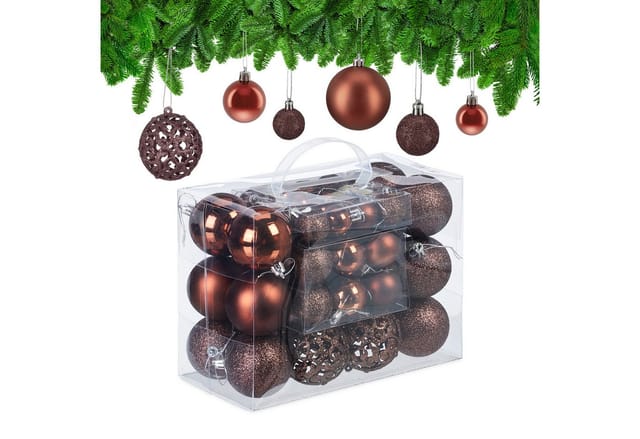 Relaxdays Weihnachtskugeln 50er Set, Glitzernde, Matte & Glänzende Christbaumkugeln, Kunststoff, ∅ 3, 4 & 6 Cm, Braun