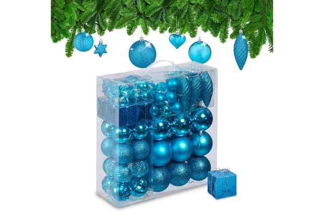 Relaxdays - Weihnachtskugeln 110er Set, Kunststoff, Weihnachtsbaumdeko Mit Kugeln & Lametta, Christbaumschmuck, Petrol