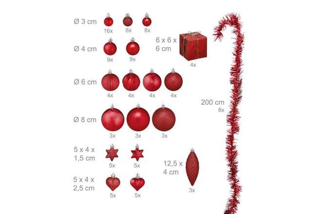 Relaxdays - Weihnachtskugeln 110er Set, Kunststoff, Weihnachtsbaumdeko Mit Kugeln & Lametta Uvm., Christbaumschmuck, Rot